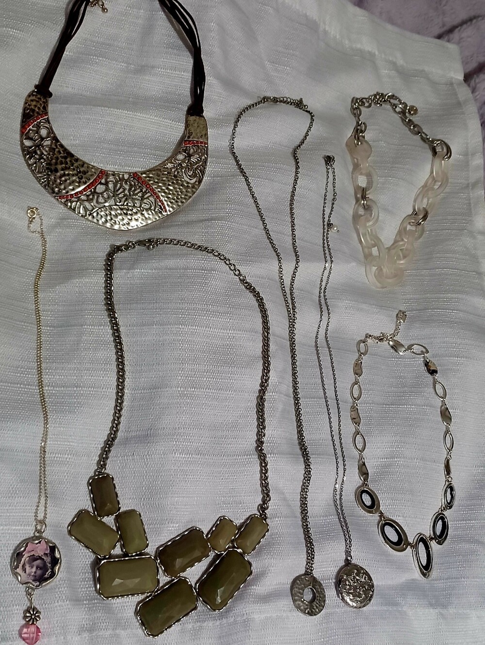 Business casual necklace jewelry lot bundle 2 long silver picture lockets signed